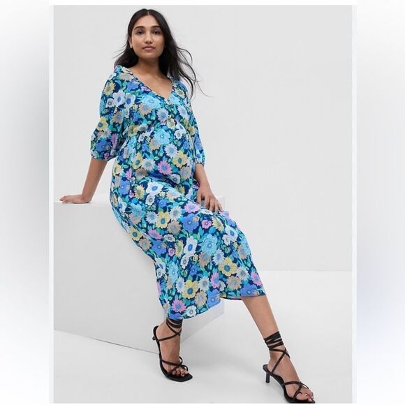 Gap Maternity Ballon Sleeve Floral Blue Midi Dress large - Picture 1 of 16